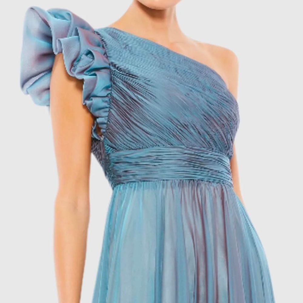 Mac Dugal Blue Organza One Shoulder Pleated Gown size 14 - Picture 3 of 7
